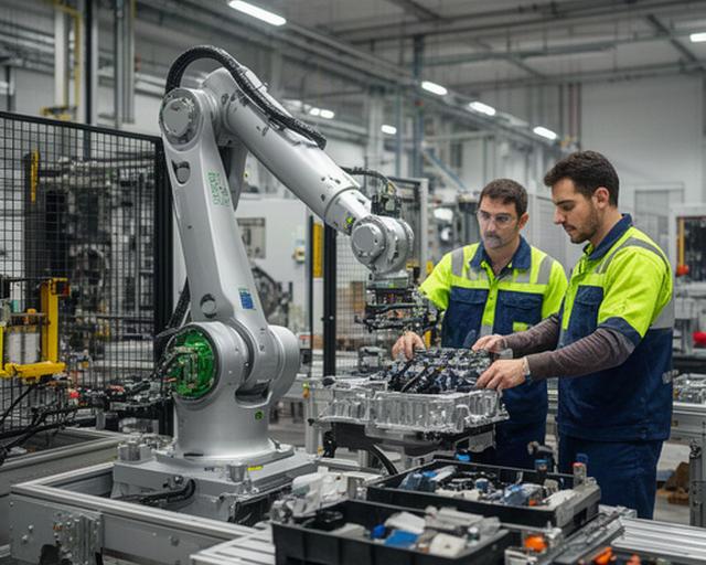 Robot humanoide en una planta de fabricación gallega realizando tareas de ensamblaje flexible junto a operarios, con maquinaria industrial al fondo